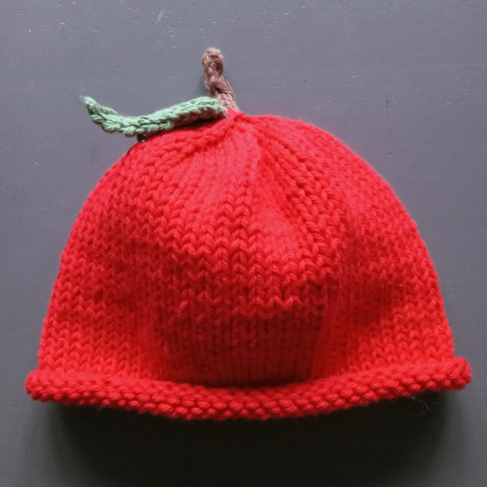 Hand Crafted Handknit Red Apple Cotton Baby Hat Size Newborn NB